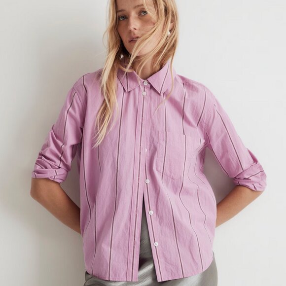 Madewell Signature Poplin Oversized Boyshirt in Stripe Pink Striped Shirt - Picture 1 of 10